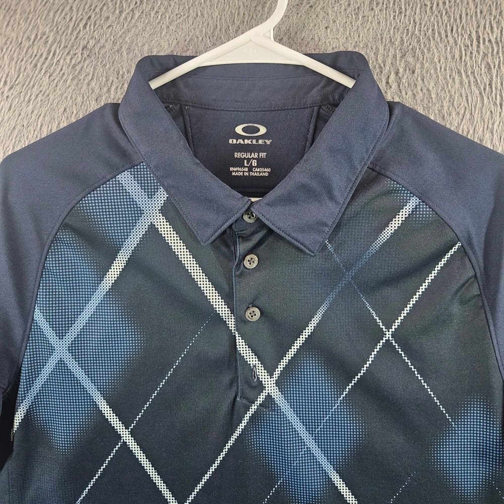 Oakley Mens Golf Polo Shirt Large Blue Argyle Geometric Performance Regular Fit